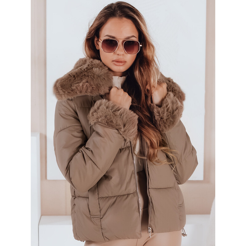 BASIC Camel dámská stylová prošívaná bunda s ozdobnou kožešinou Béžová 108916505