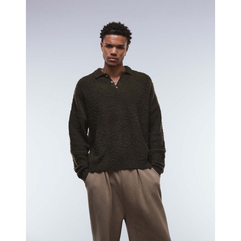 ASOS DESIGN relaxed knitted boucle polo in grey