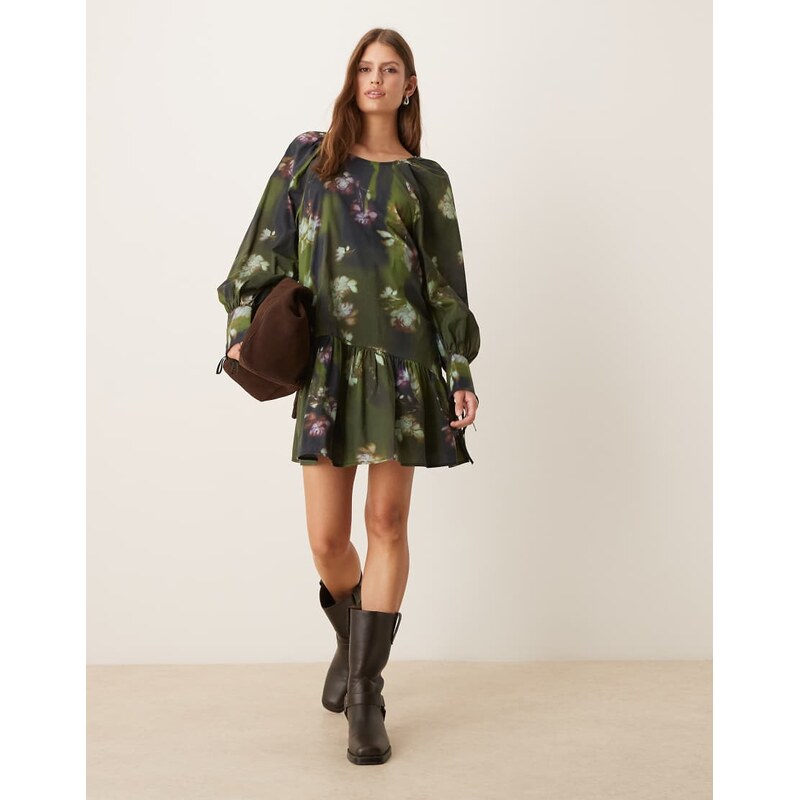 ASOS DESIGN smock mini dress with tie back detail in khaki