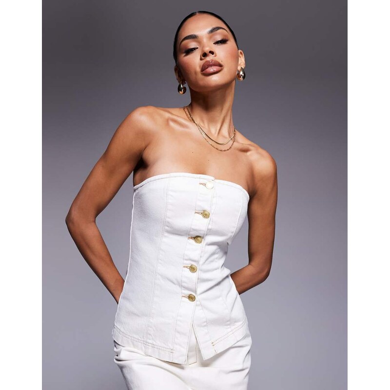 ASOS DESIGN longline denim bandeau waistcoat co-ord in cream