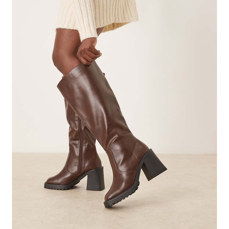 RAID Wide Fit Adilah block heel knee boots in brown 111325105