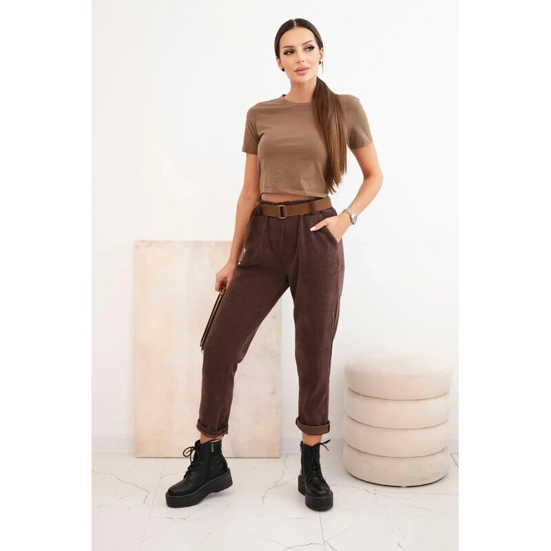 K-Fashion Dámské kalhoty s páskem pruhované hnědé