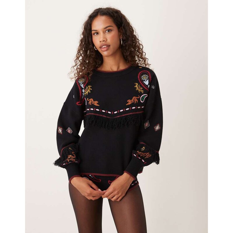 Never Fully Dressed safari embroidered knitted jumper co-ord in