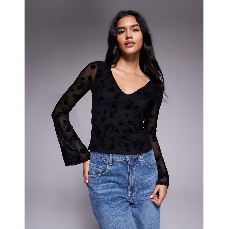 ASOS DESIGN sheer flock floral mesh top with flared sleeve in
