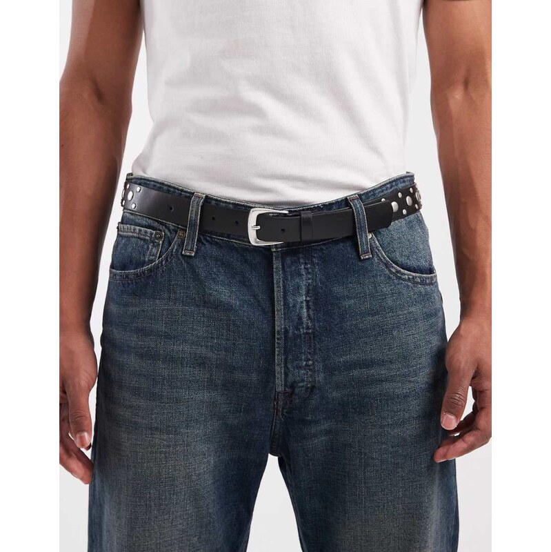 ASOS DESIGN faux leather burnished studded belt in black