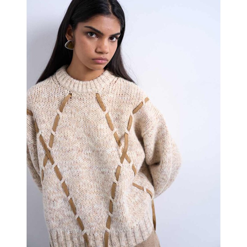 Topshop knitted argyle jumper with suede strap detailing in