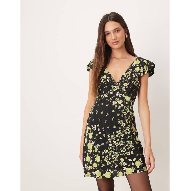 ASOS DESIGN mini tea dress with puff sleeve in ditsy floral