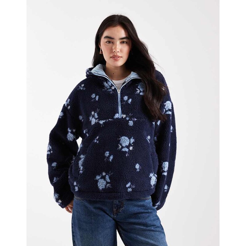 Daisy Street 3/4 zip up floral print borg coat in navy ditsy-Multi 108923409
