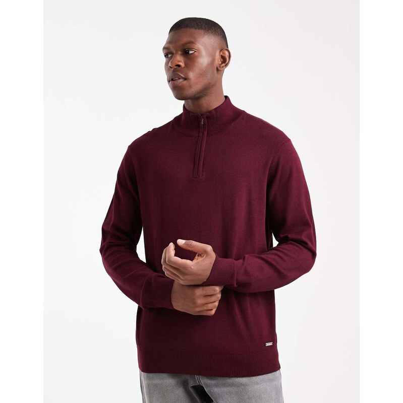 Threadbare 1/4 zip knitted jumper in burgundy-Red