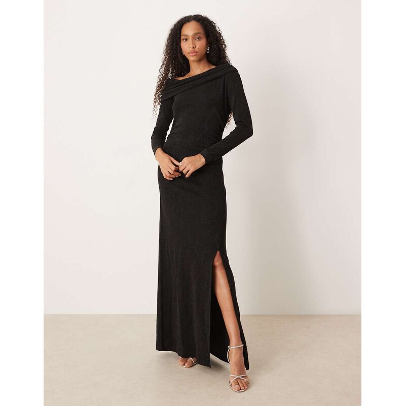 YAS off shoulder glitter midi dress with leg split in black