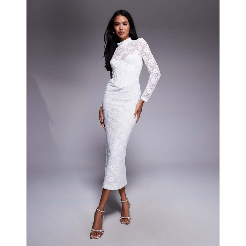 Bardot Carmen lace corset long sleeve midi dress in orchid white 115667220