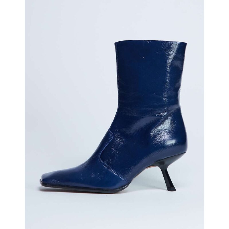 Topshop Sienna Premium leather square toe mid heel boot in navy