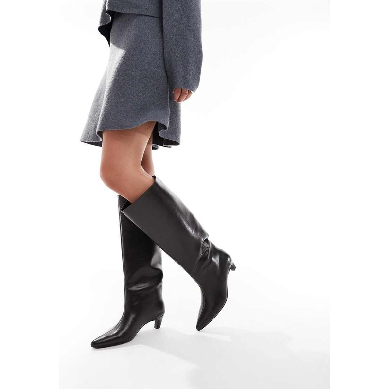 New Look kitten heel knee boot in khaki-Green