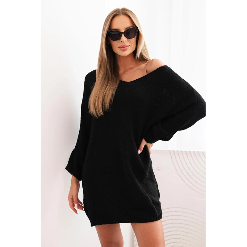 K-Fashion Dámské šaty Plus Size vlněné s výstřihem do V černá