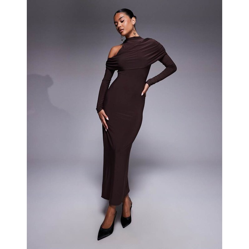 ASOS DESIGN high neck aysm cold shoulder midi dress in chocolate