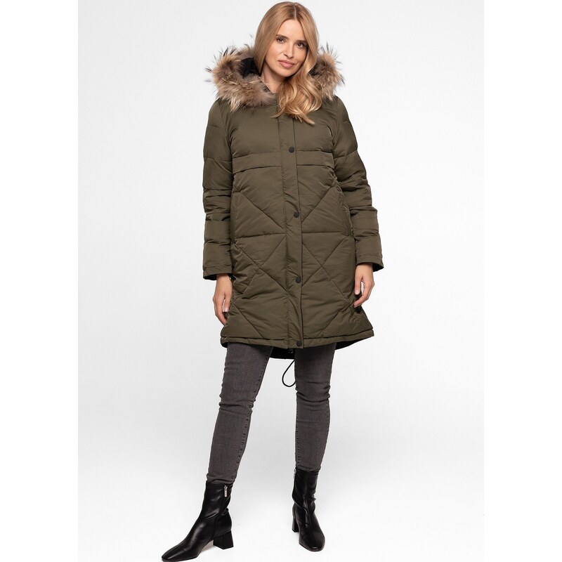 Perso Dámská khaki oboustranná parka s kapucí 108932601