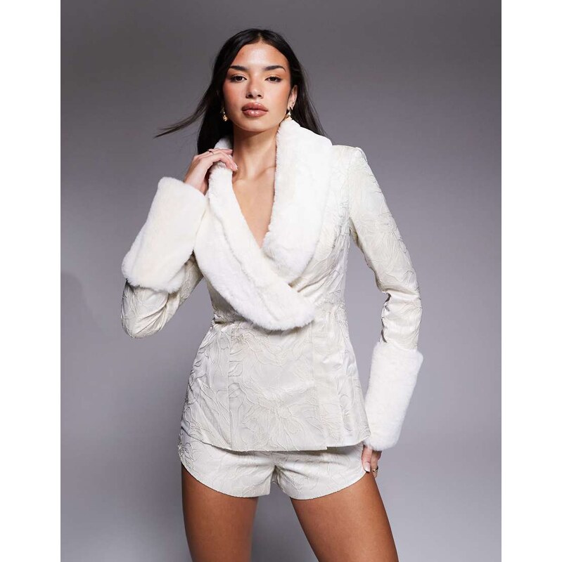 ASOS LUXE co-ord jacquard blazer with faux fur trim in cream-White 108935822