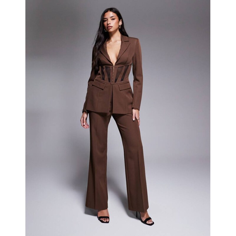 ASOS LUXE co-ord straight trousers in brown 108935823