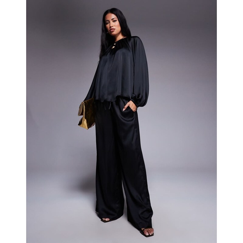 ASOS DESIGN satin wide leg co-ord trouser in black