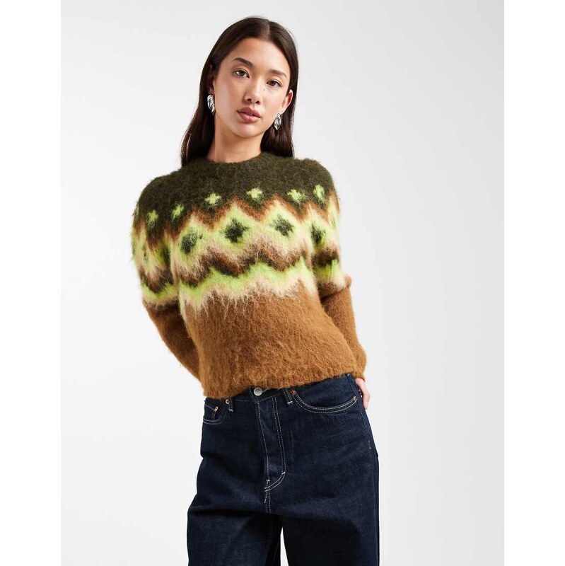 ASOS DESIGN power shoulder fairisle brushed jumper in green