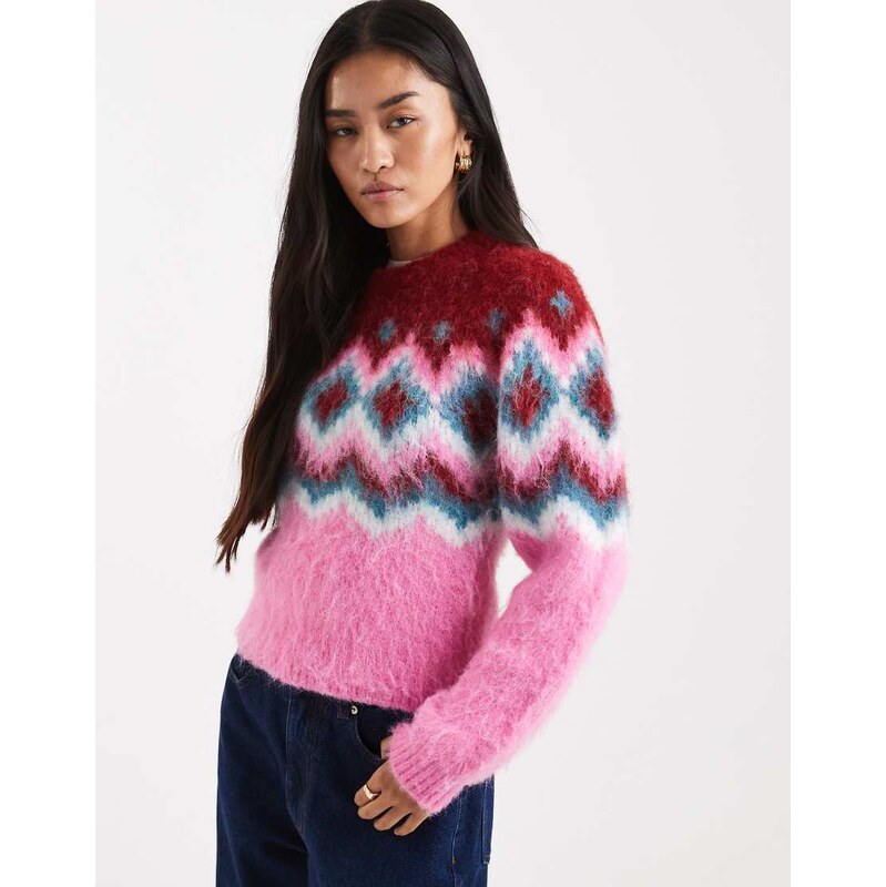 ASOS DESIGN power shoulder fairisle brushed jumper in pink