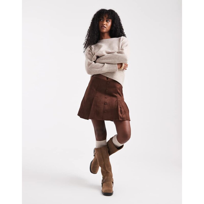 ASOS DESIGN suedette button front skort in BROWN