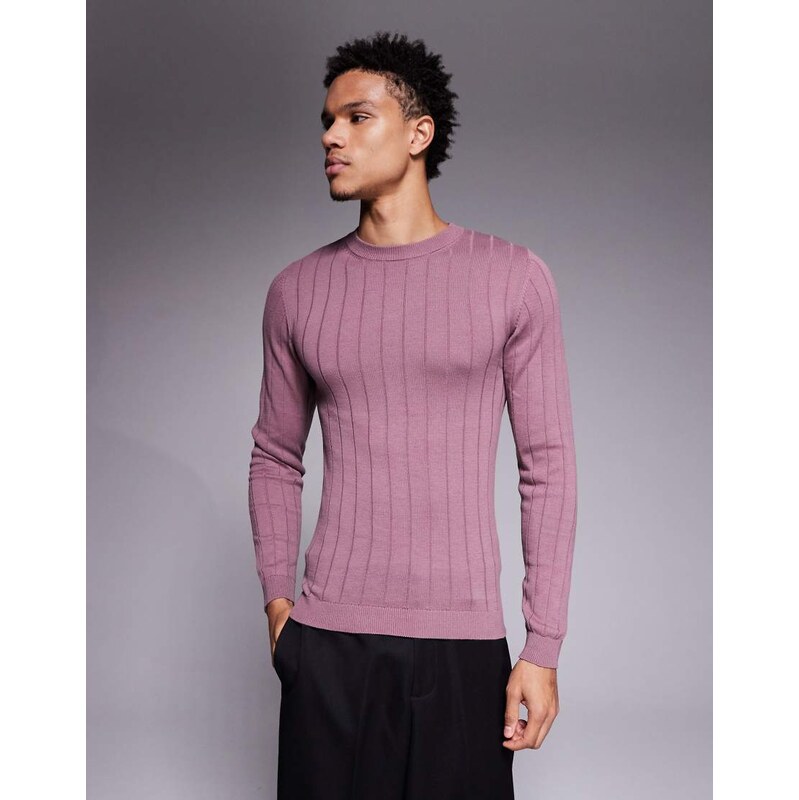 ASOS DESIGN muscle fit long sleeve knitted rib t-shirt in mauve-Purple