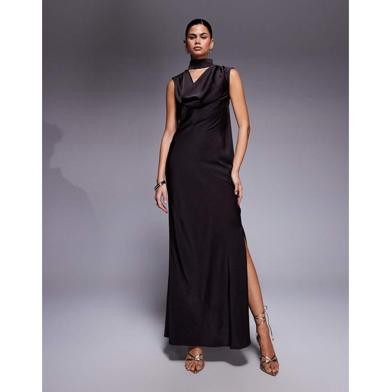 ASOS DESIGN satin cowl neck midi dress with scarf neck ties and twist 108935949