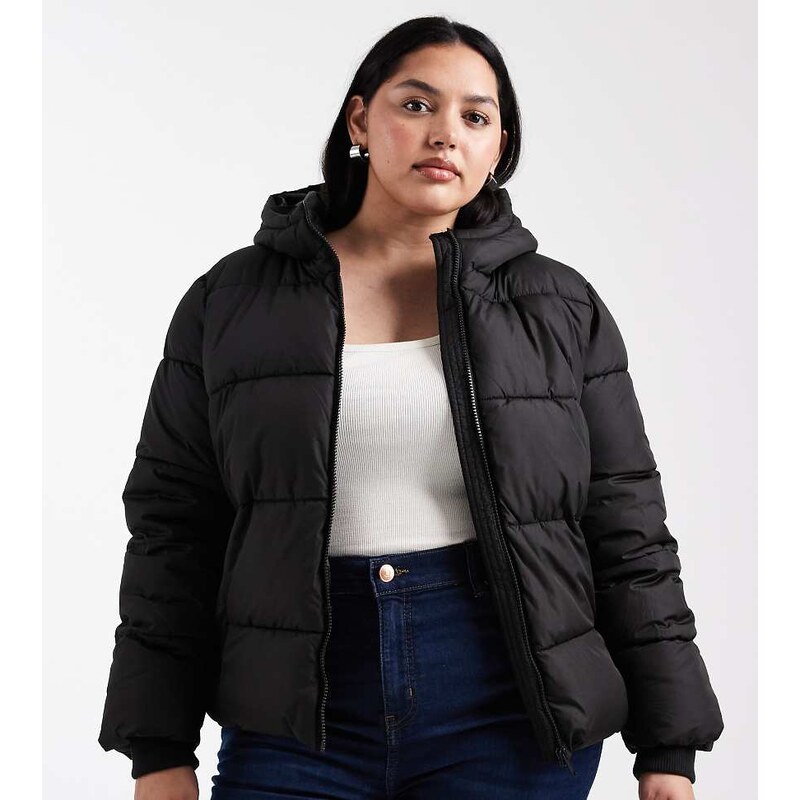 Pieces Plus Pieces Curve padded coat with hood in black