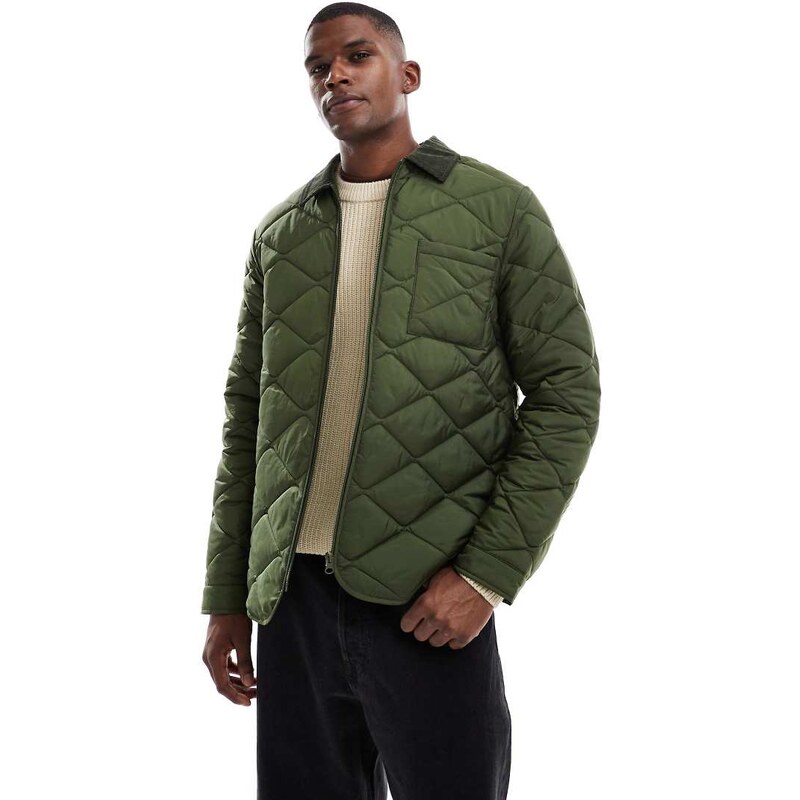 New Look cord collar quilted jacket in khaki-Green