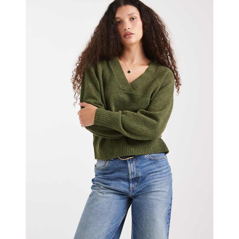 Vero Moda soft oversized v-neck jumper in green melange