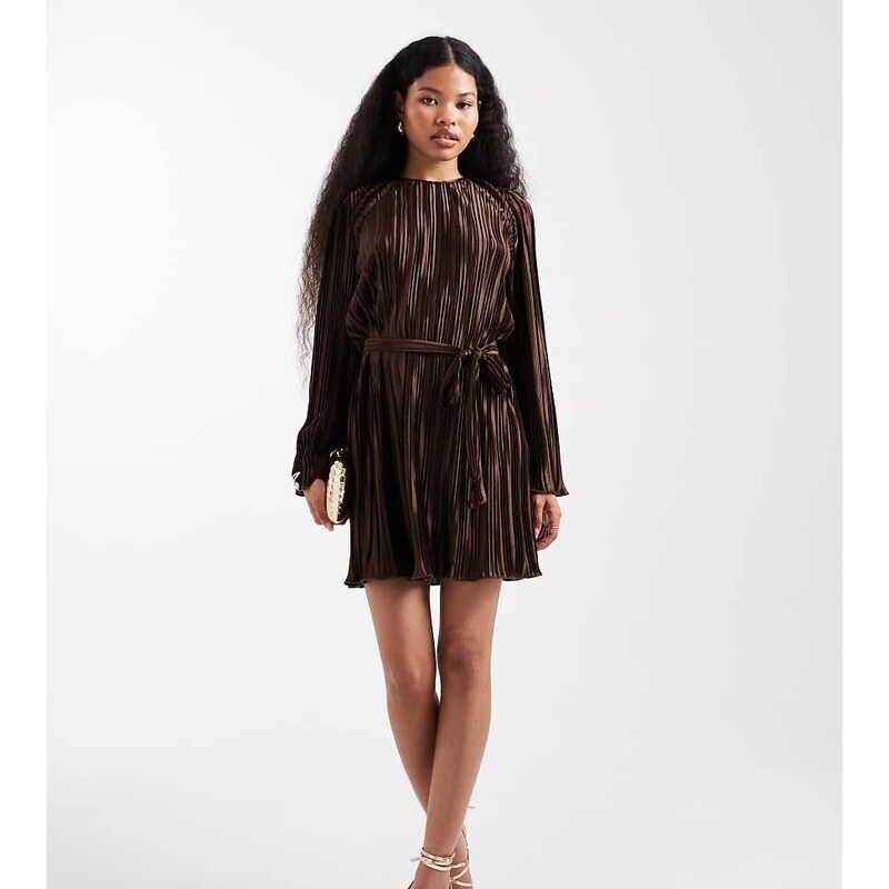 Vero Moda Petite tie waist plisse mini dress in chocolate-Brown