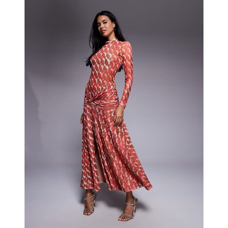 Bardot Lea printed mesh long sleeve dress in red spot 108936227