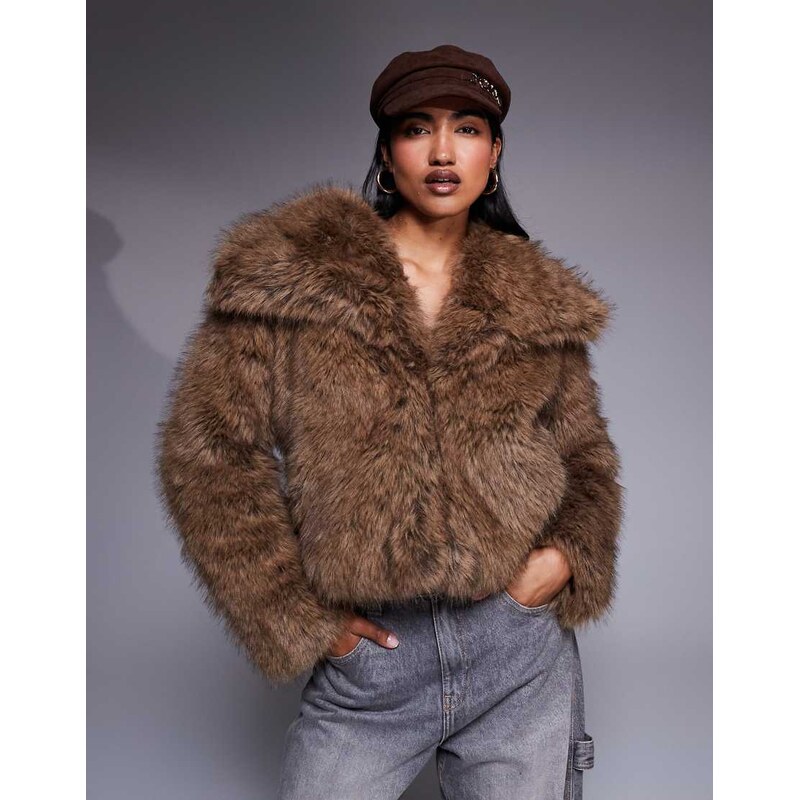 River Island cropped faux fur jacket in brown 108936245