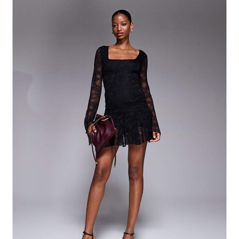Kaiia exclusive double layered slinky lace square neck godet hem