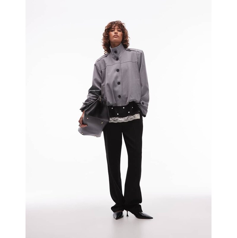 ASOS DESIGN tailored funnel neck tab detail jacket in charcoal-Grey 108936276