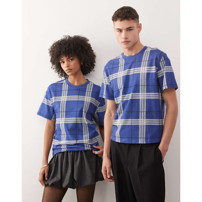 COLLUSION Unisex slim check blue t-shirt