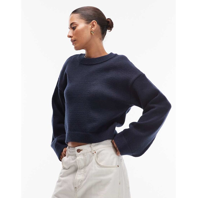 ASOS DESIGN fluffy wide sleeve knitted jumper in navy
