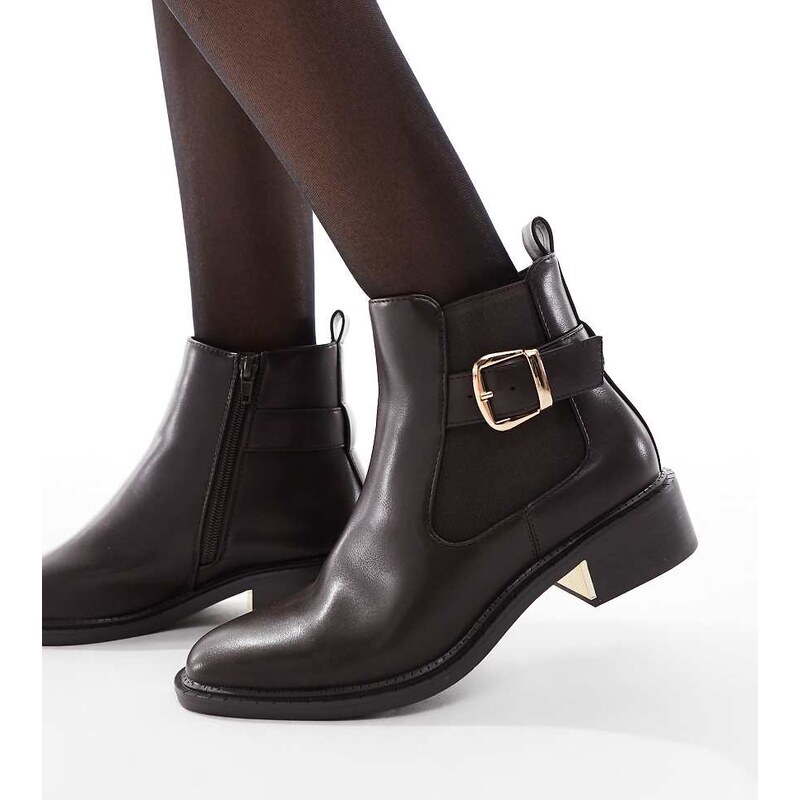SEQWL Wide Fit Latte buckle detail refined chelsea boots in chocolate 112756306