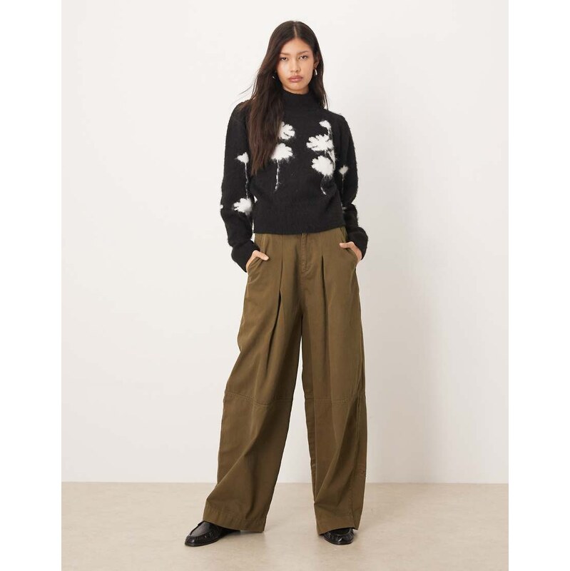 ASOS DESIGN brushed floral waisted high neck jumper in mono