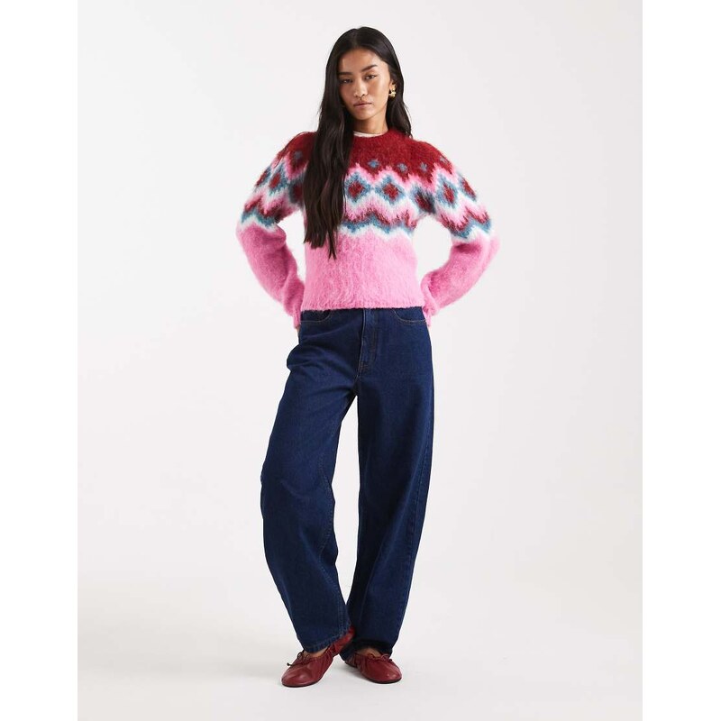 ASOS DESIGN power shoulder fairisle brushed jumper in pink