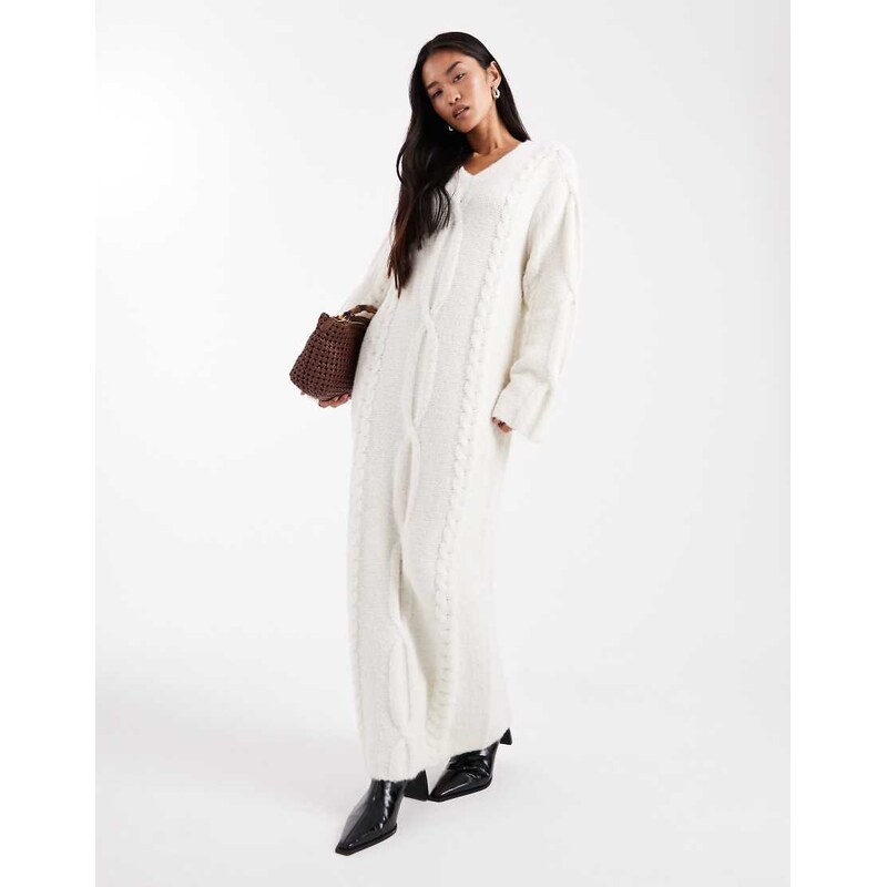 4th & Reckless wool feel cable knit v neck maxi jumper dress in