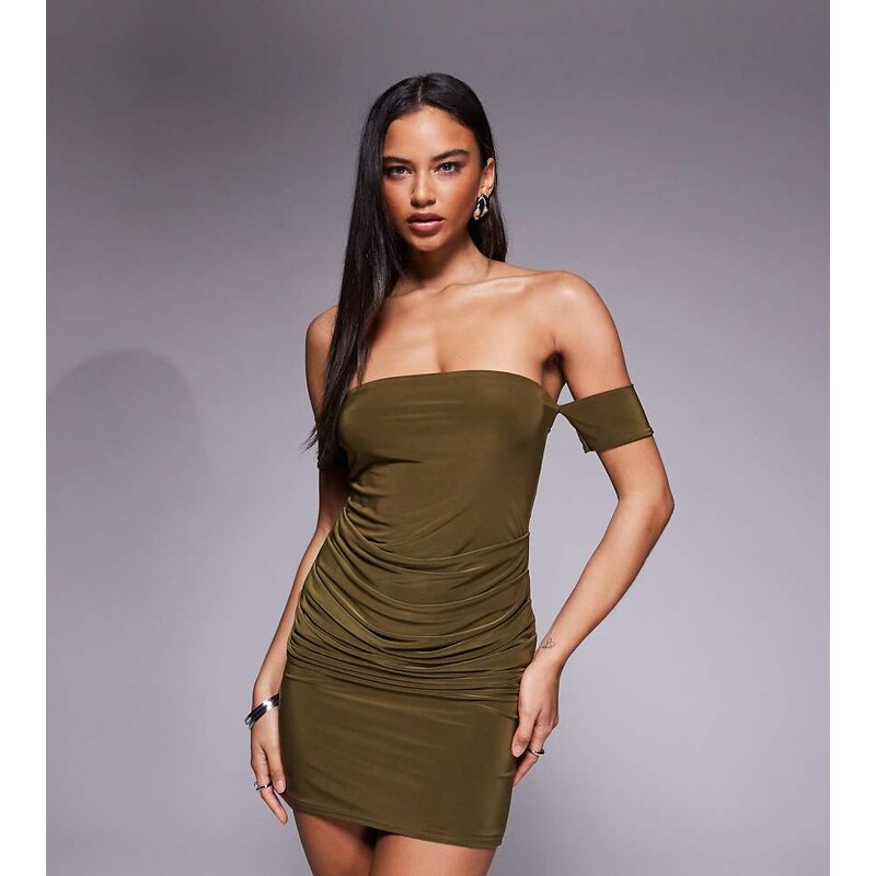 Kaiia exclusive double layered slinky bardot mini dress in khaki-Green 108944294
