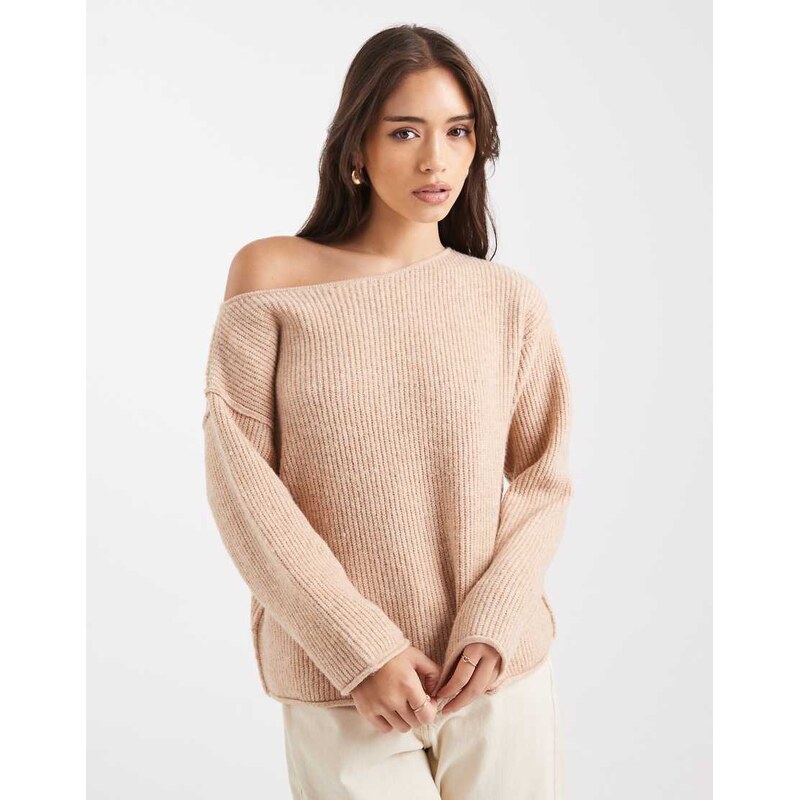Miss Selfridge asym off the shoulder slouchy cosy knit jumper in camel 108958288