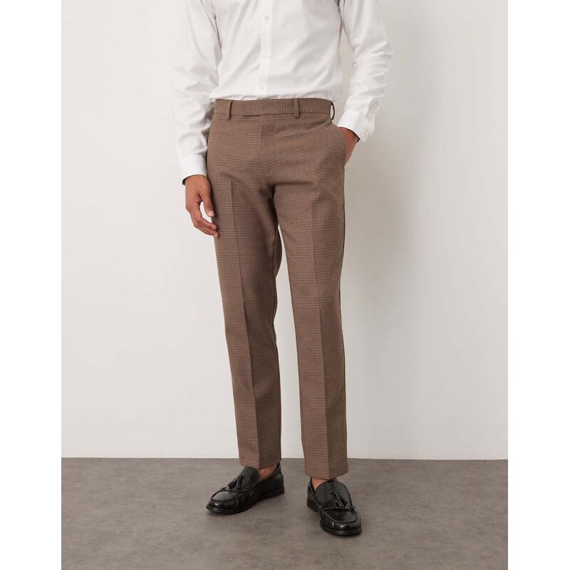 ASOS DESIGN slim wool mix suit trousers in brown glen check