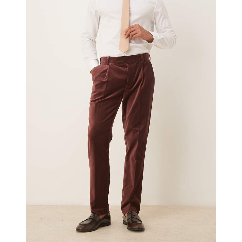 ASOS DESIGN slim pleat front suit trousers in dark brown cotton