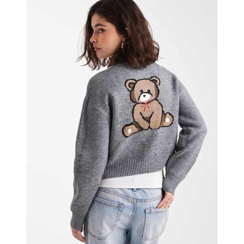 ONLY knitted cardigan with bear embroidery in grey 108944058