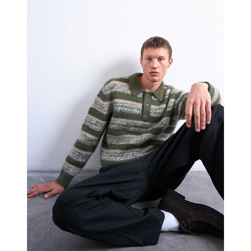Topman relaxed fit stripe knitted polo in khaki-Green