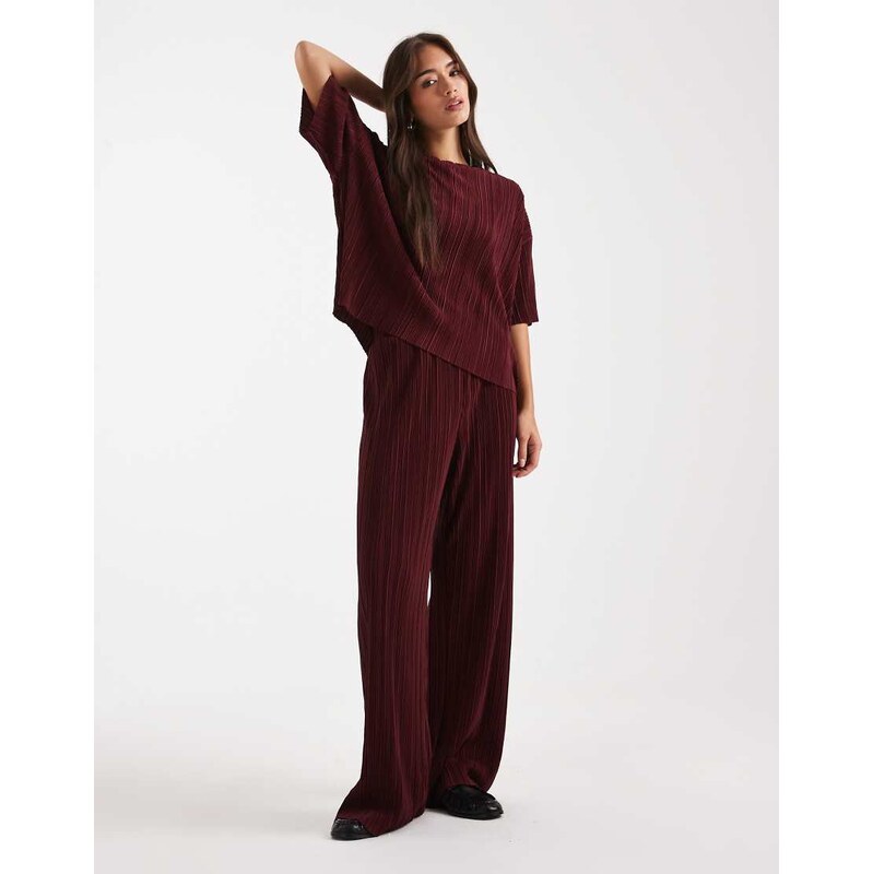 ONLY plisse wide leg trousers co-ord in burgundy-Red