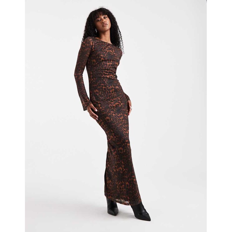 Brave Soul long sleeve mesh maxi dress in leopard print-Multi